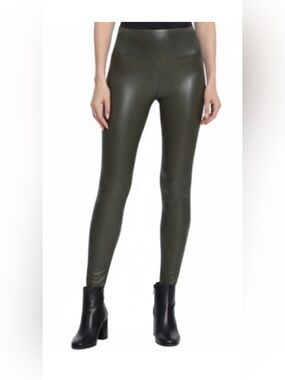 Faux Leather High-Rise Leggings in Olive Green